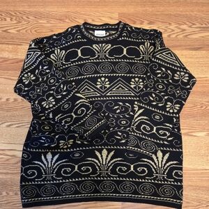 Vintage Elegant Black and Gold Patterned Sweater XL